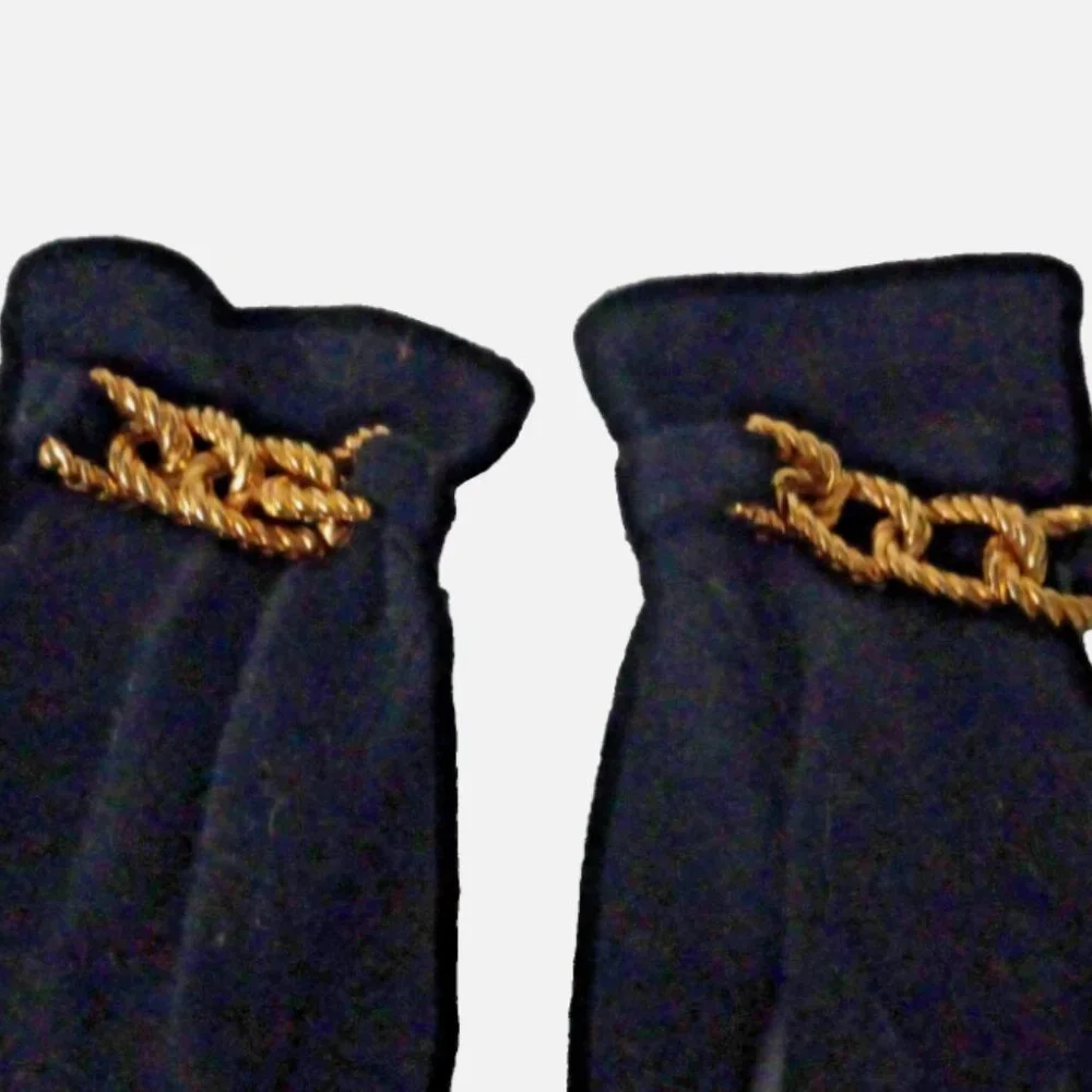 Vintage Grandoe Wool Angora Dress Gloves Black Gold Chain Women's Size A